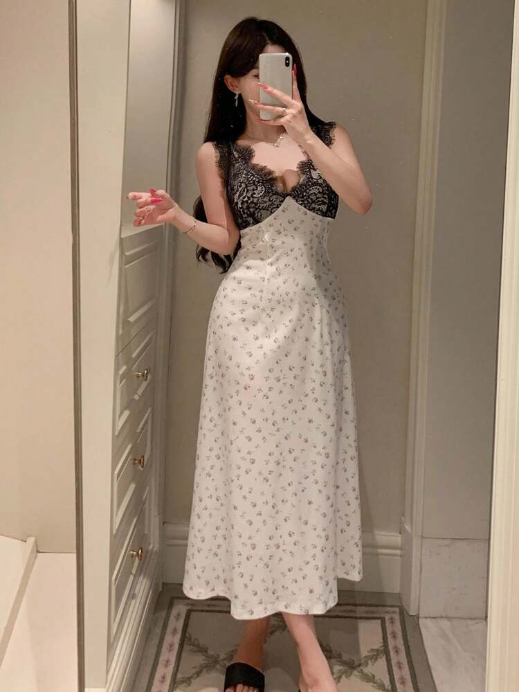 Sexy Contrast Color Lace Patchwork Waist Strap Maxi Nightgown For Women Pajama