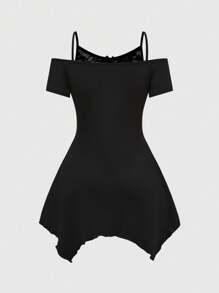 ROMWE Goth 深色哥特式森林乌鸦与枯树图案露肩吊带上衣，不对称下摆，蕾丝拼布，黑色哥特式藤蔓印花短袖露肩女式 T 恤 - 黑色 - 查看 2