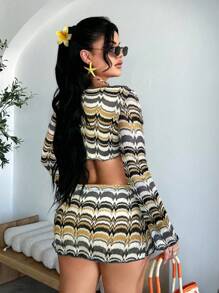 SHEIN SXY Women Wave Striped Long Sleeve Cropped Top And High-Waisted Bodycon Mini Skirt 2 Pieces Set Long Sleeve Two Piece Set Brunch Two Piece Set - Grey - View 2