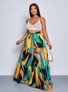 Maweii Plus Size Spring And Summer New Elastic Waist Strap Bowknot A-Line Large Skirt Slit Pleated Abstract Pattern Half Skirt Elegant Sexy Casual Everyday Beach Clothing Vacation Fashion Women's Clothing