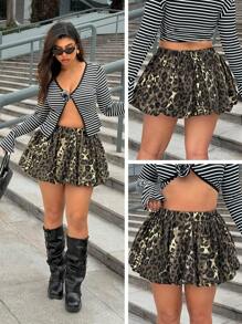SHEIN ICON Plus Size Women Leopard Print Elastic Waist Ruched Denim Mini Skirt - Multicolor - View 1
