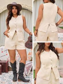 SHEIN LUNE Jaket Kasual Denim Wanita Ukuran Besar, Pakaian Gaya Barat - Aprikot - View 1
