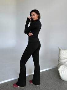 SHEIN EZwear 2 件女式 V 领拉链长袖上衣和修身长裤套装