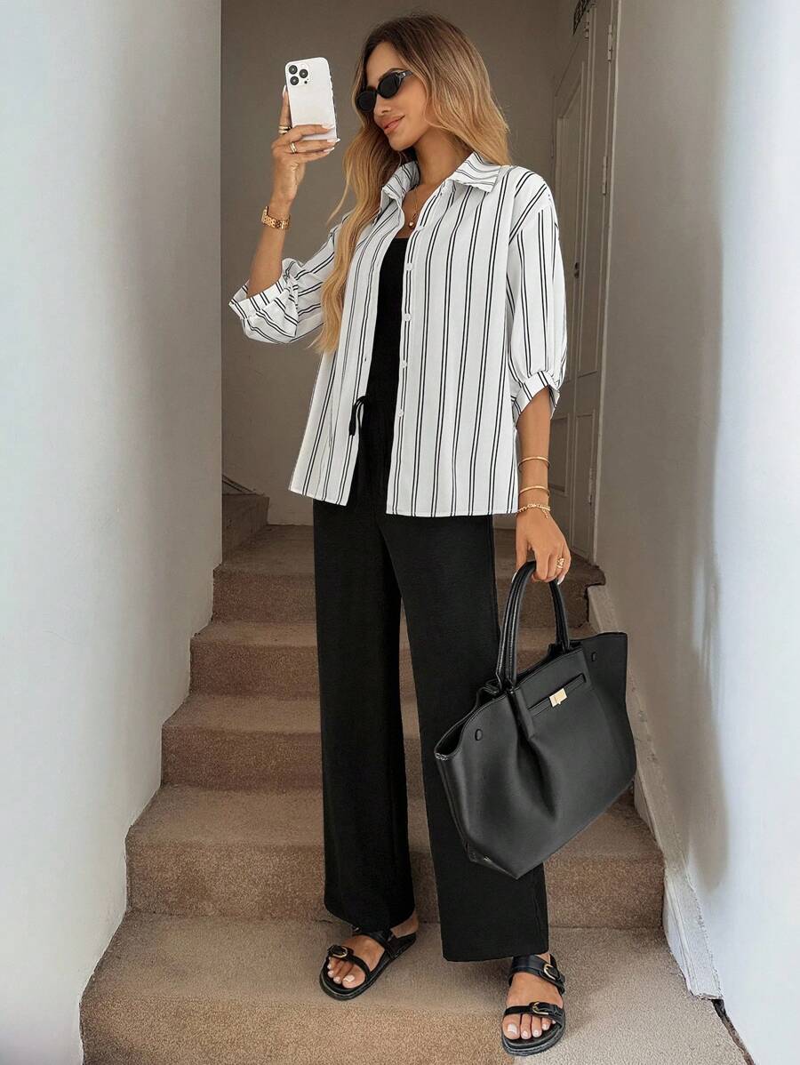 Easowa 3-Piece Black & White Plaid Set: Women Chic Sheer Blouse, Slim Fit Blazer, And Wide Leg Pants, 2024 New Collection - Multicolor - View 1