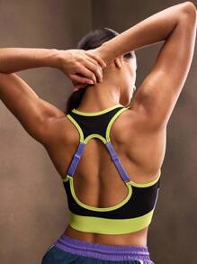 Powerista Women's Contrast Color Mesh Hollow Back Sports Bra - Purple - View 1