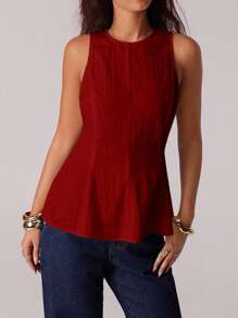 Avantive 女式休闲纯色无袖短款上衣，夏季 - 酒紅色 - 查看 3