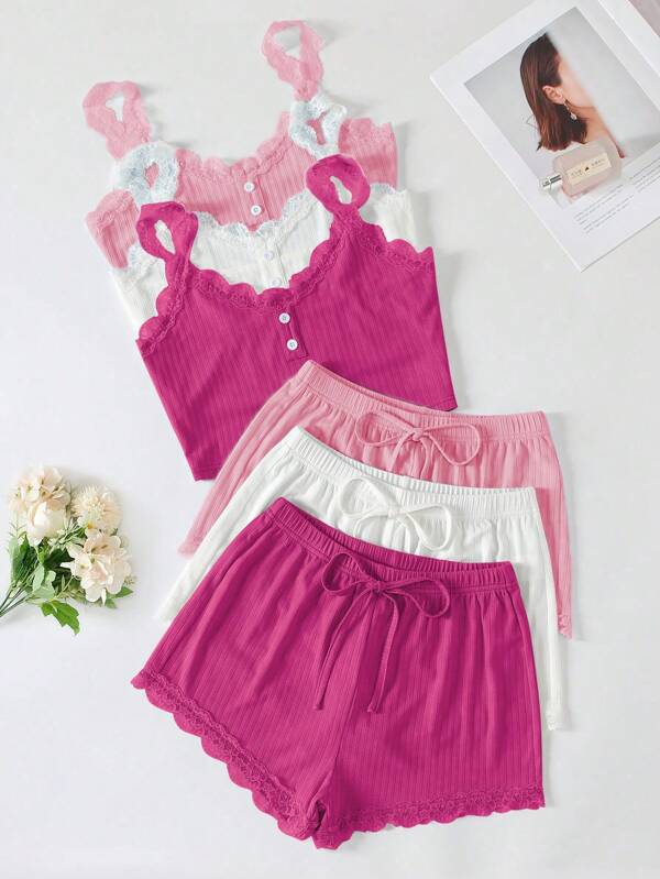 Set 3 buc. pijamale pentru femei, cu top și pantaloni scurți din dantelă uni, culoare solidă