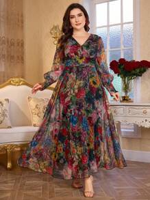 Modelyn 全新奢华优雅高端长款裹身裙，宽下摆，V 领，长袖