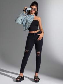 SHEIN Tall Y2K Retro Distressed Asymmetric Denim Jacket, Single Sleeve Denim Top, Denim Scarf Shawl Crop Top For Women - Medium Wash - View 5