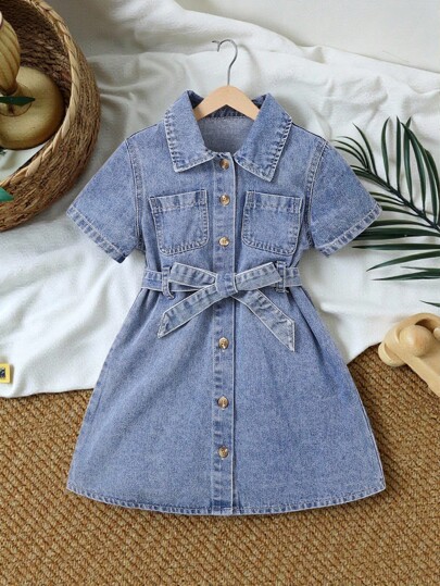 SHEIN Vintaside Kids Young Girl Casual Comfortable Soft Denim Dress, Fashionable Holiday Sleeveless Sundress, Lightweight Summer