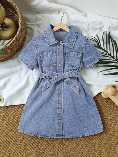 SHEIN Vintaside Kids Ung flicka Casual Bekväm mjuk denimklänning, fashionabla semester ärmlös solklänning, lätt sommar