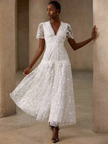 Zanirela White Floral Summer Elegant Vacation Holiday French Style Luxurious Gold Beaded&Lace Trim V-Neck Cinched Waist Maxi Dress For Women - White - View 3