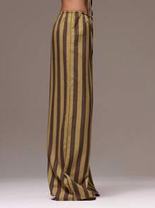 MUSERA 女士阔腿条纹亚麻质感长裤，适合假日、夏季海滩度假、感恩节、复活节等休闲场合穿着。 - 棕色 - 查看 4