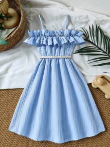 SHEIN Vintaside Kids Tween-Mädchen Lässiges, verstellbares, schlichtes, gewebtes Kleid mit Rüschen, Frühling/Sommer, Off-Shoulder