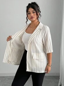 Elenzga Plus Size Women Elegant Striped Lapel Short Sleeve Open Front Fake Pocket Loose Blazer Jacket