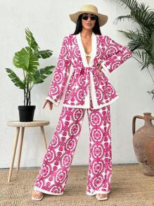 EURMUSE 女士度假波西米亚花卉印花和服开衫和阔腿裤两件套 - 玫紅色 - 查看 2