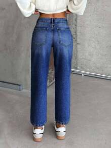 EURMUSE 低腰斜口袋雪花洗直筒牛仔裤 - 深色水洗藍 - 查看 2