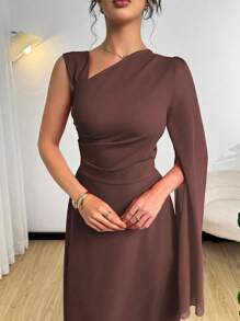 Modelyn Asymmetrical Neck Semi-Sheer Chiffon Waist Gathered Elegant Red Dress Fall Cloth For Women - Coffee - View 1