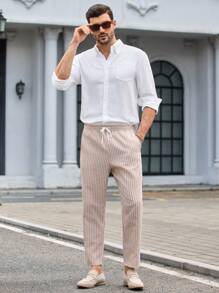 Manfinity VCAY 男士休闲梭织条纹松紧腰七分裤男条纹亚麻裤男条纹裤男夏季裤子男亚麻长裤细条纹裤男亚麻裤男夏季裤子男长裤 - 杏色 - 查看 3