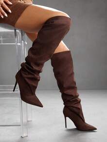 CUCCOO SZL Rhinestone Pointed Toe Ruched Over-The-Knee High Heeled Boots, Fashion Date Night Party Outfit For Christmas - Mocha Brown - View 7