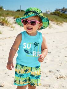SHEIN Ținută casual minimalistă, moale și confortabilă pentru bebeluși băieți, potrivită pentru primăvară/vară, ținută de plajă pentru bebeluși băieți, ținută de vară pentru bebeluși băieți, ținută de vacanță pentru băieți, ținută de surf pentru băieți, haine de plajă pentru bebeluși băieți, îmbrăcăminte de plajă pentru bebeluși băieți