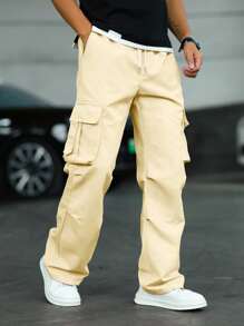 Manfinity Homme 男士宽松翻盖口袋侧抽绳腰工装裤休闲裤，秋季 - 黃色 - 查看 1