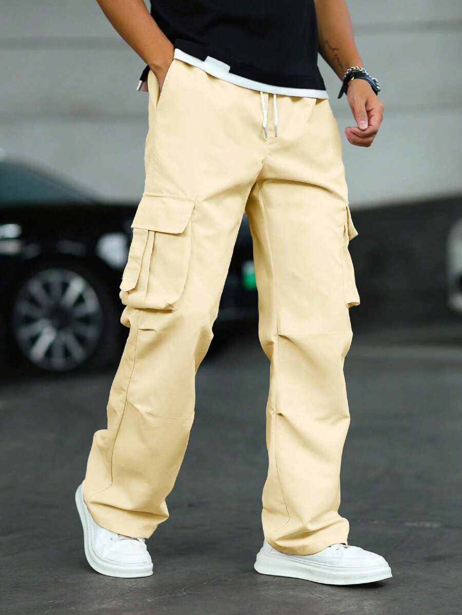 Manfinity Homme Quần Cargo lưng cao có túi nắp rộng, dây rút bên hông dành cho nam, quần thường ngày, mùa thu - Màu vàng - Xem 1