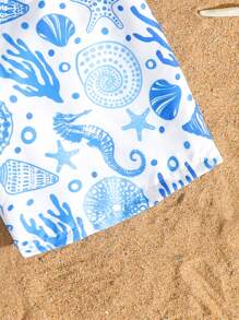 小男孩度假风格印花抽绳沙滩短裤，家庭装妈妈和我（4 件单独出售）