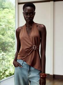 Lumivelle 无袖不对称下摆露背吊带上衣，夏季时尚 - 白色 - 查看 2