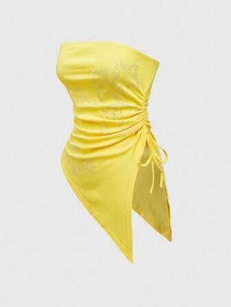 Grunge Punk Blusa da donna con orlo asimmetrico plissettato, con stile punk in metallo, decorato con strass e tema musica