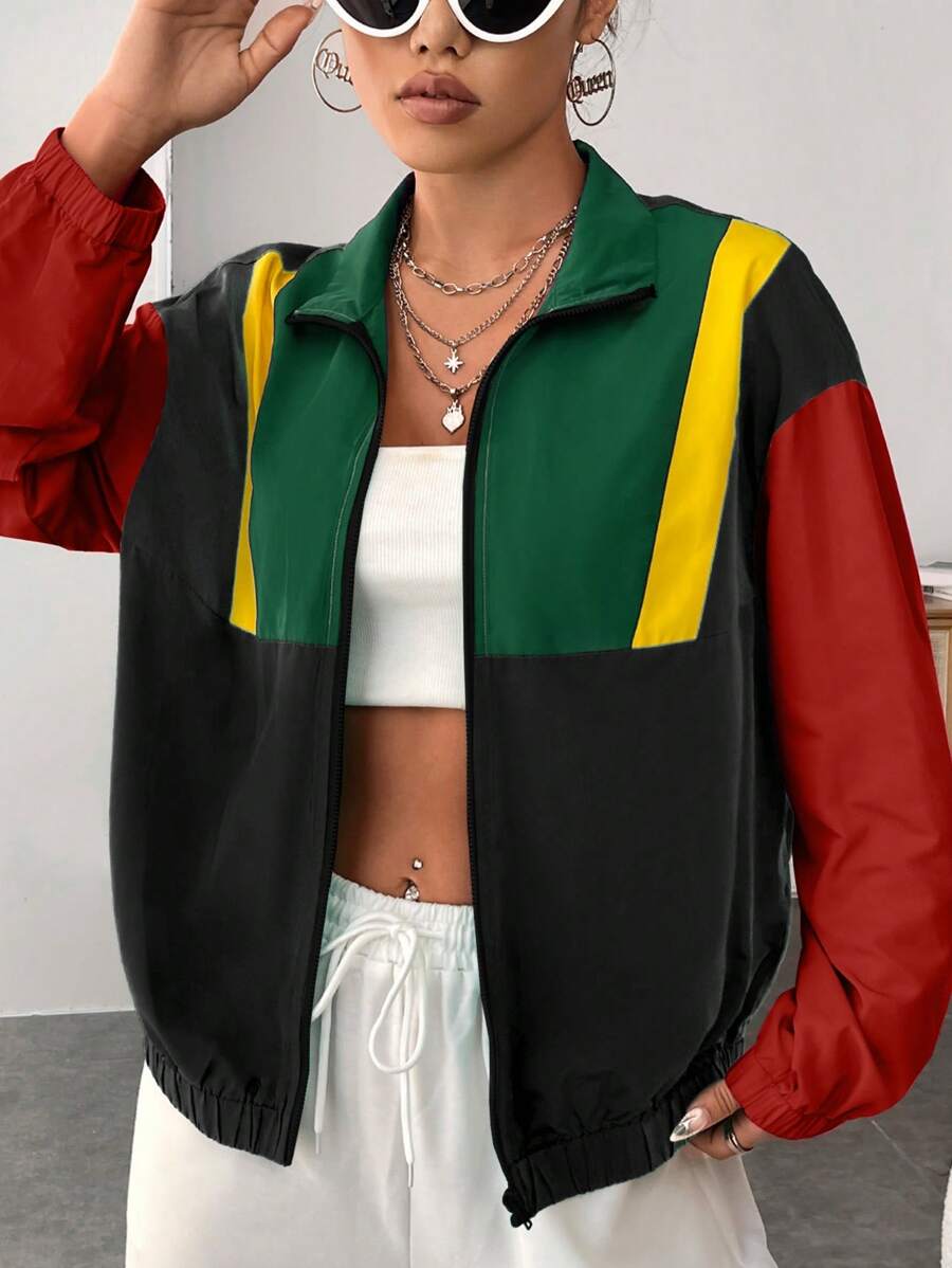 SHEIN EZwear 春季拼色落肩拉链夹克秋冬 - 彩色 - 查看 1