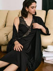 Mature & Elegant Lace Patchwork Sexy Women's Pajama Set, Fall Clothes - Black - View 4