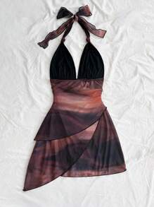 Soleia 性感复古渐变色吊带 V 领系带网眼褶皱不对称下摆浪漫女式度假迷你连衣裙