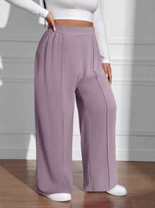 SHEIN EZwear 大码休闲纯色直筒裤 - 淡紫色 - 查看 1