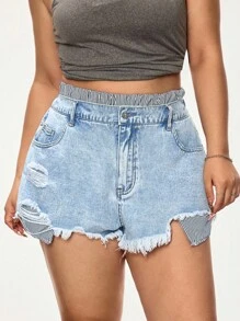 SHEIN EZwear 夏季时尚休闲百搭条纹松紧腰短裤 - 淺色水洗藍 - 查看 3