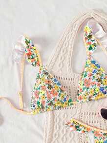 Swim Mod Conjunto de bikini triangular minimalista con estampado de buscadora de playa para mujer - Multicolor - Ver 4