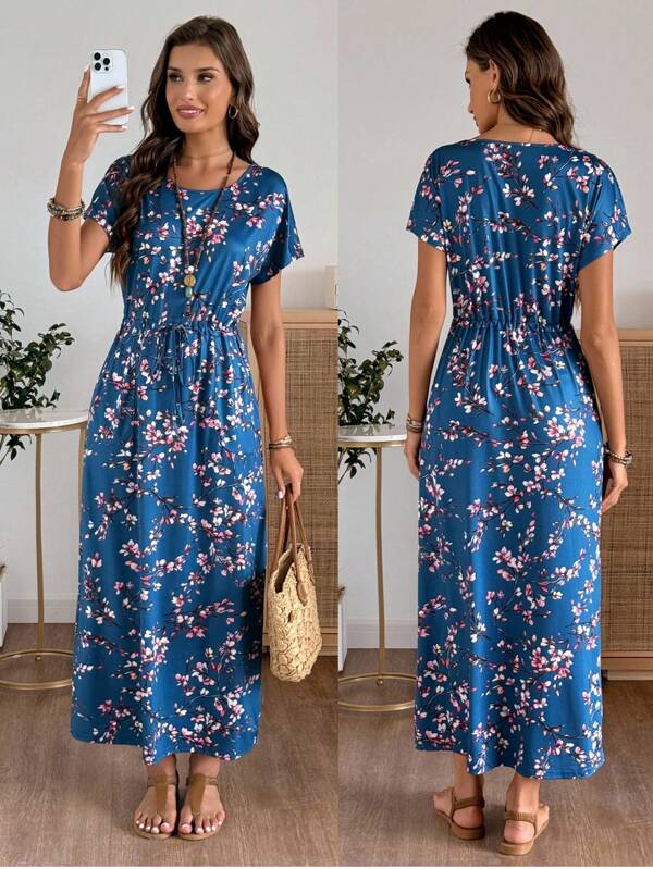 EMERY ROSE Women Floral Print Drawstring Waist Dress, Casual Vacations