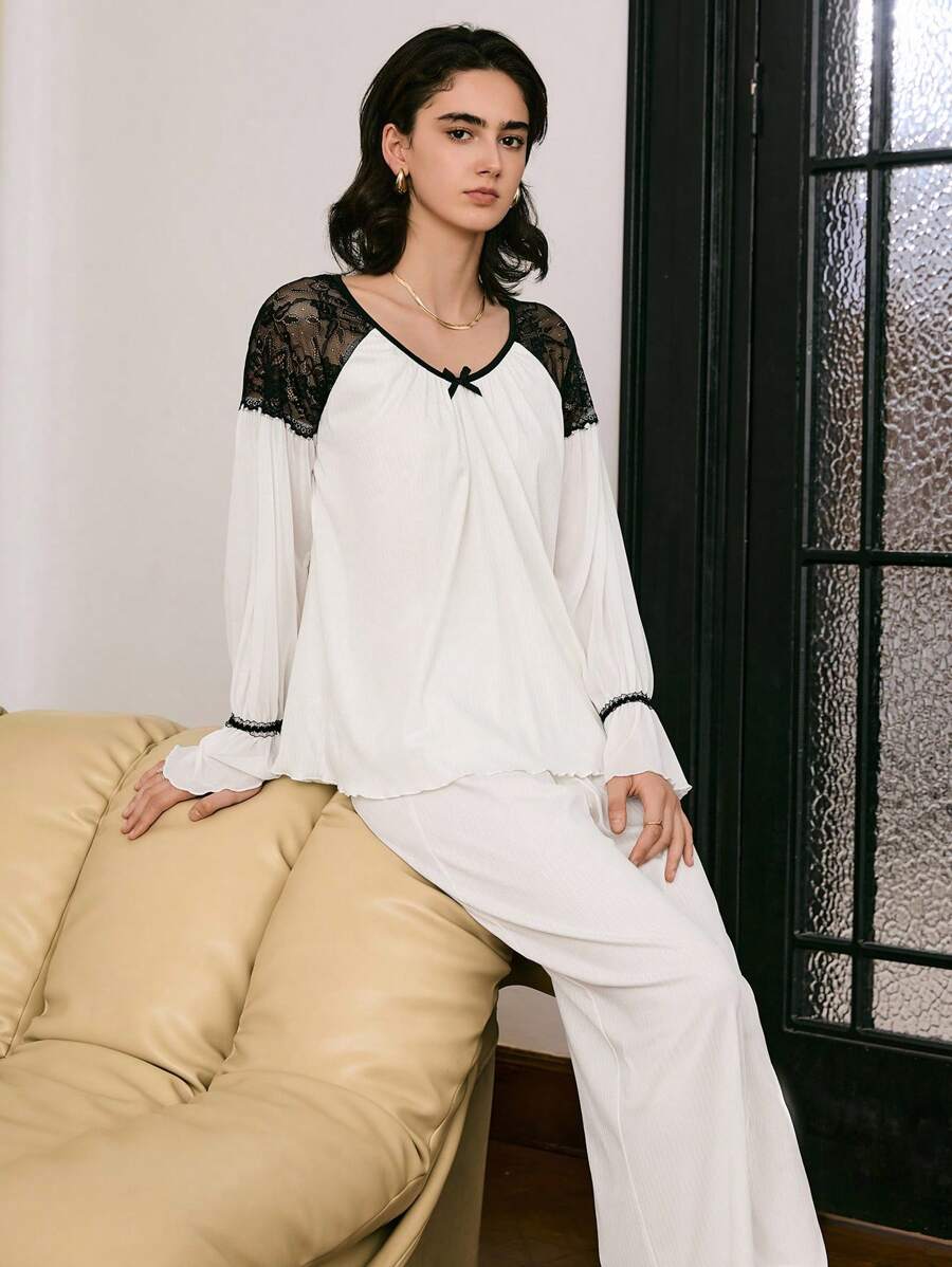 Moireta Set pijamale pentru femei, elegant, matur, din dantelă franceză, cu mânecă lungă, top și pantaloni, haine de toamnă - alb - Vizualizare 1