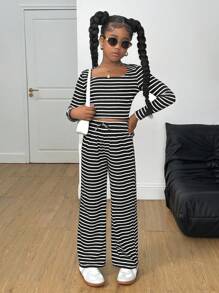 SHEIN Tween Girl Black And White Striped Two Pieces Set, Autumn Casual School Back-To-School Outfit, Square Neck Form-Fitting Top & Straight Leg Pants For Tween Girl - Blue and White - View 3
