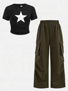 SHEIN Girlism 2 件套青少年女孩星星印花紧身 T 恤 + 宽松工装裤，休闲时尚百搭开学装 - 黑色 - 查看 12
