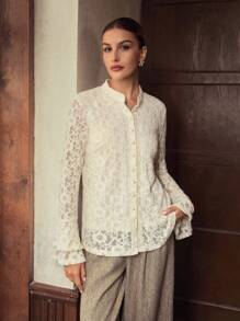 ZEYLAH LACE BUTTON UP BLOUSE - White - View 4