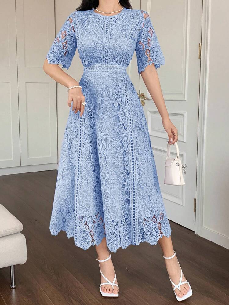 Elegant & Youthful Water-Soluble Lace Short Sleeve Mini Dress, Chic & Ladylike Maxi Dress