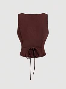 SHEIN MOD 纯色方领修身无袖上衣和阔腿裤优雅套装 - 棕色 - 查看 5