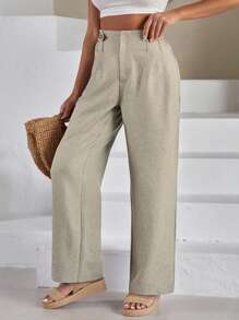 SHEIN Cottnline Women Front Two Sided Button Detailed Linen Pants - Apricot - View 4