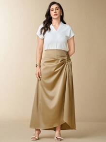 SHEIN Clasi Plus Size Women Khaki Satin Ruched Waist Buttoned Skirt, Elegant For Party, Cocktail, Wedding Fall Women Clothes Fall Clothes Fall Women Outfits