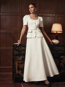 ZEYLAH 方领收腰短袖金属扣装饰长款优雅初秋套装 - 杏色 - 查看 5