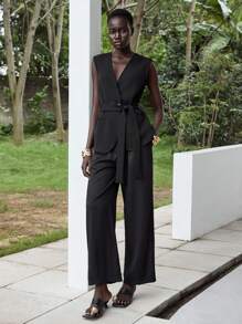 Lumivelle 女式V领简约纯色无袖西装外套 - 黑色 - 查看 7