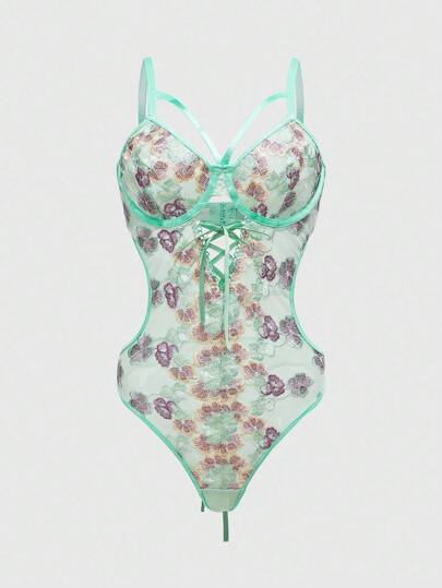 ROMWE Avant Women's Delicate Floral Embroidered Handcrafted Strap Bustier Jumpsuit, Sexy, Summer