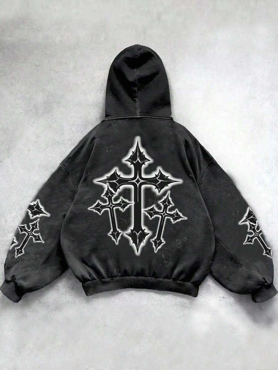 青少年/青少年男孩休闲日常百搭舒适街头风格图案印花宽松连帽套头衫，长袖 - 黑色 - 查看 1