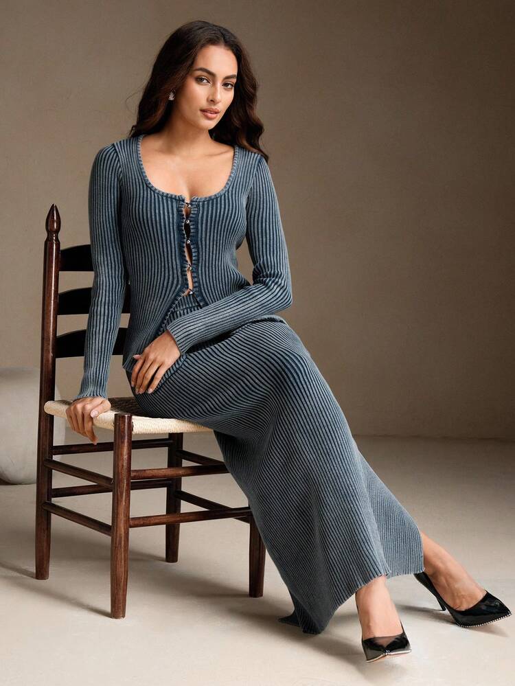 2pcs Set Denim-Look 100% Cotton Distressed Knit Sweater